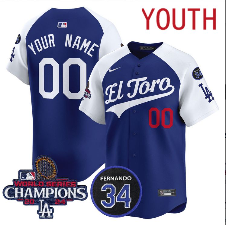 Youth MLB Los Angeles Dodgers Custom blue 2024 World Series Champions Patch Cooperstown Jersey ->customized mlb jersey->Custom Jersey